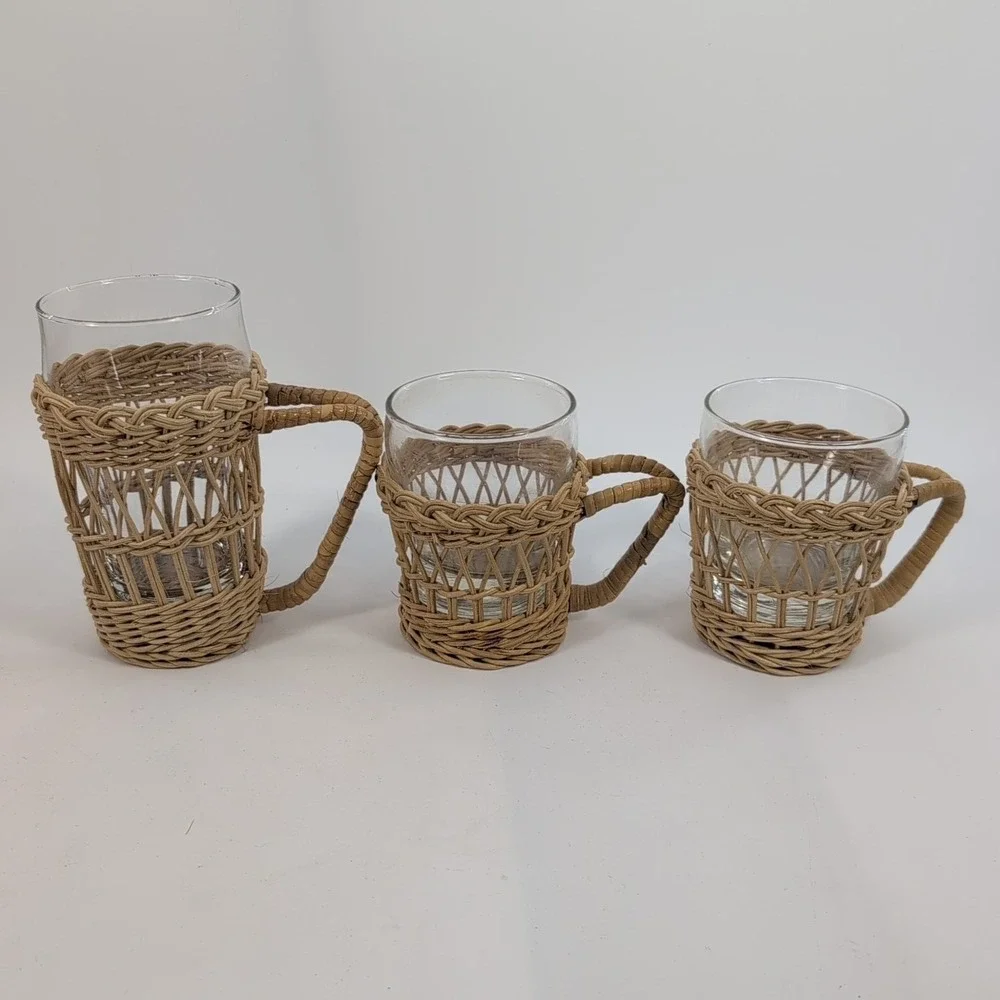 3 Vtg Rattan Wicker Boho Woven Cup Holders with Handles and Glass Cup‎ Inserts